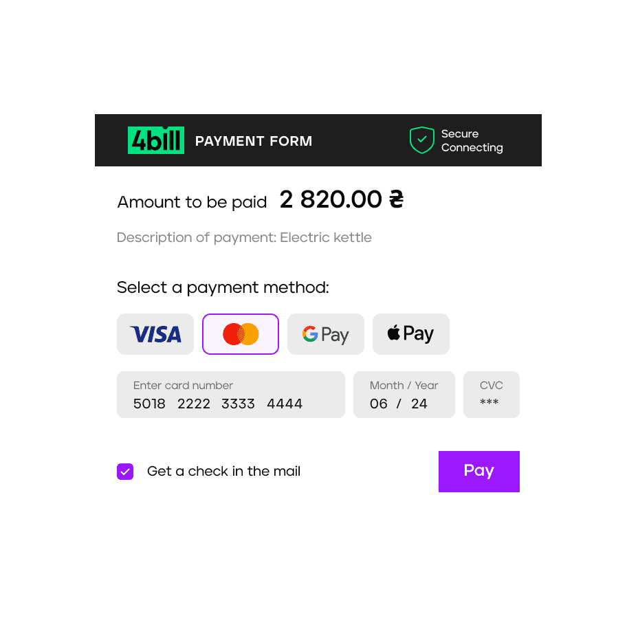 The customer selects the payment method and fills in the necessary payment details. - 4bill.io