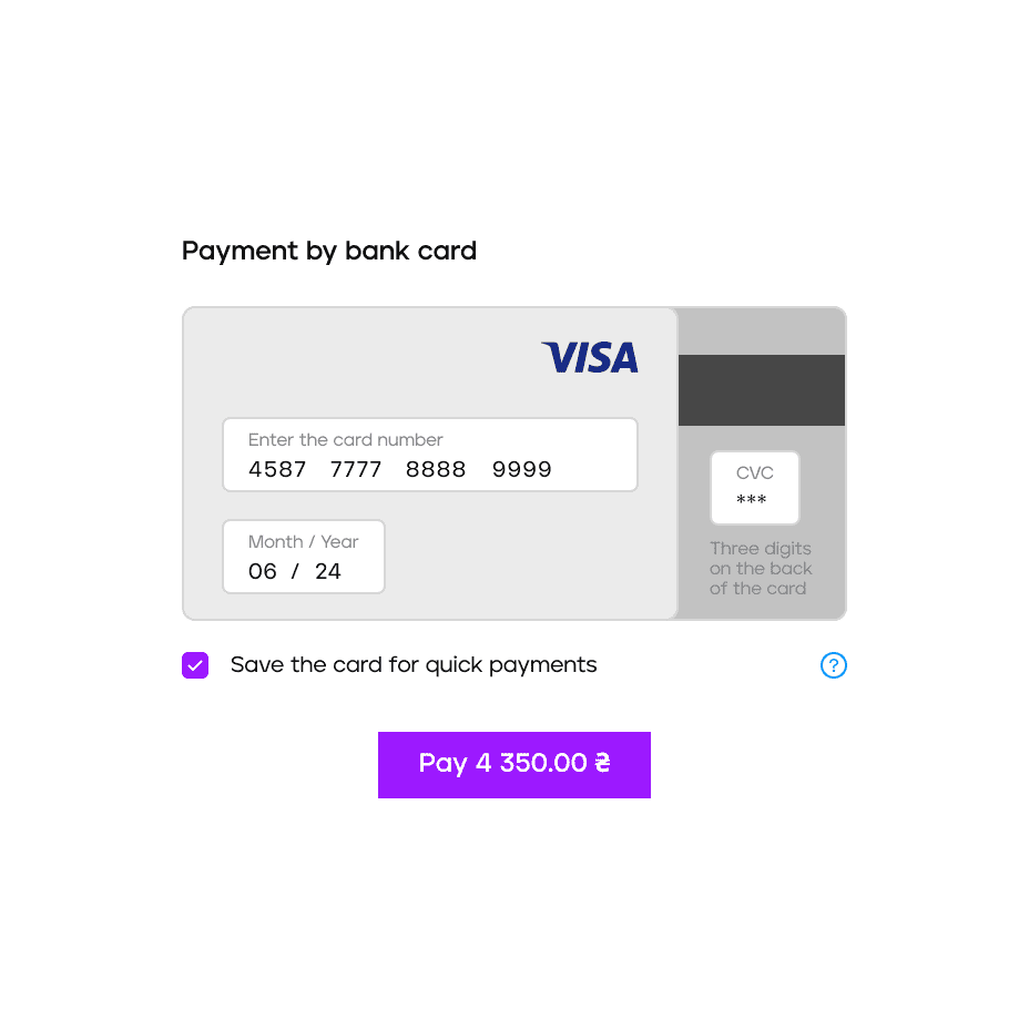 The customer can pay with the card registered with the application or fill in payment details during the purchase. - 4bill.io