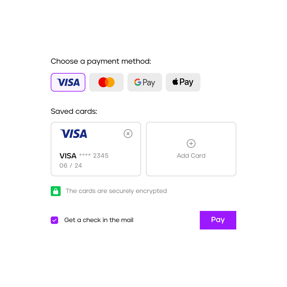 The next purchase can be made with the card saved, in one click, or with the new one. - 4bill.io